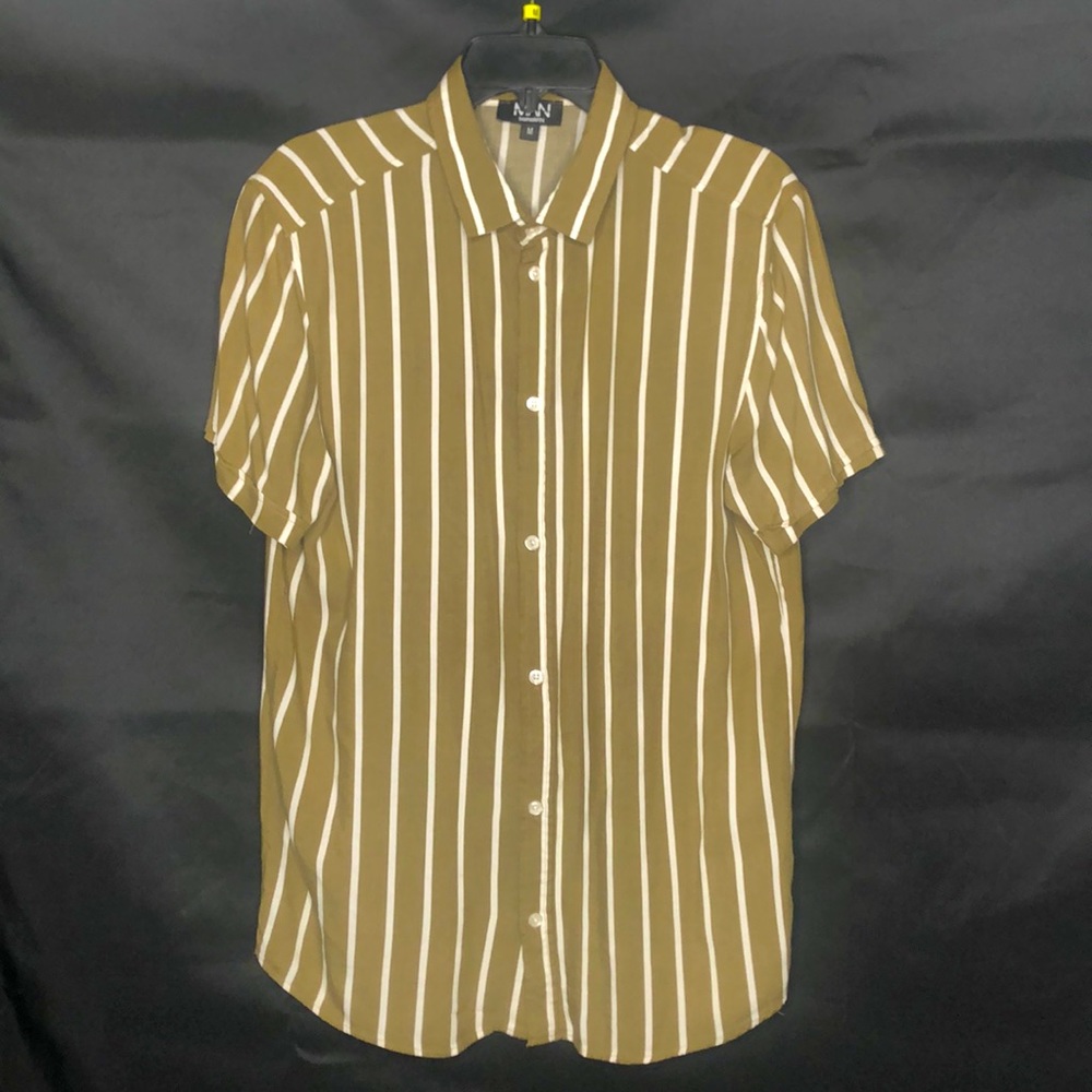 Olive green shirt with white stripes.